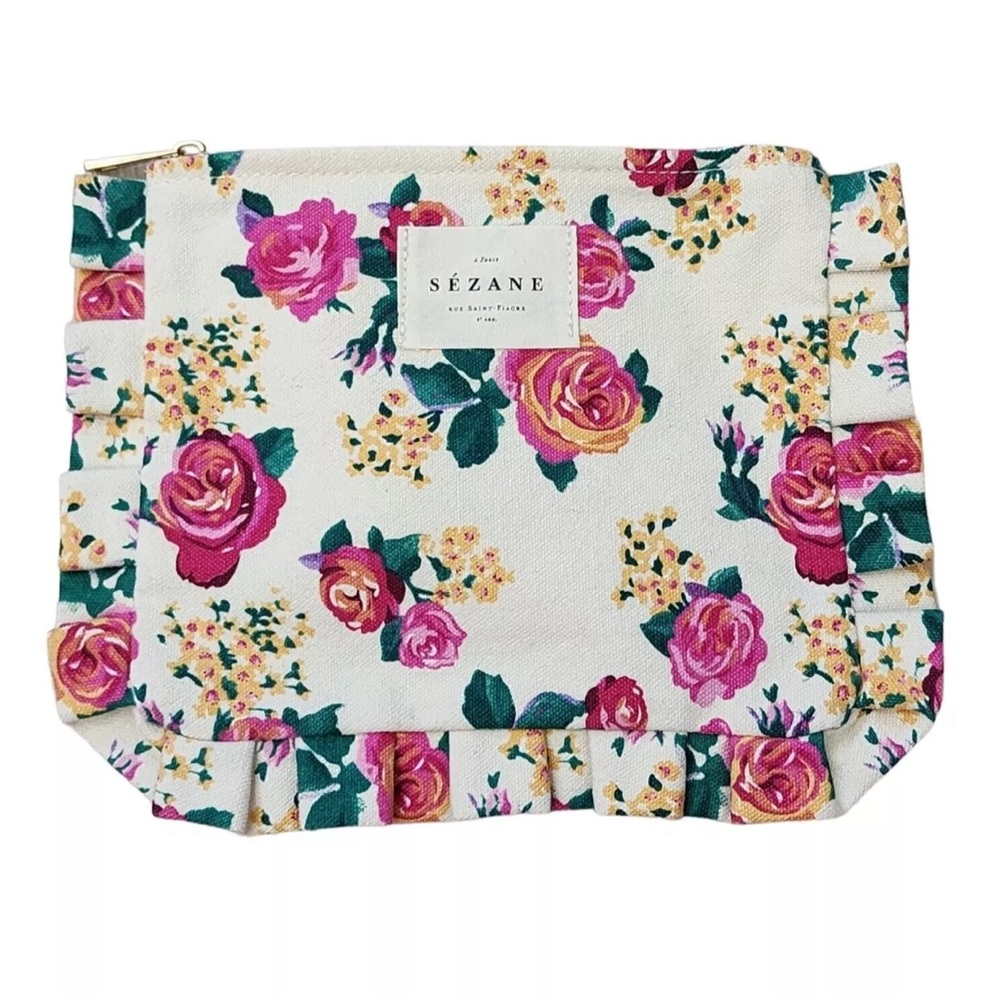 Sezane New Floral Ruffle Sides Pink Ivory Zip Cotton Zip Top Catch All Bag 9 x 7